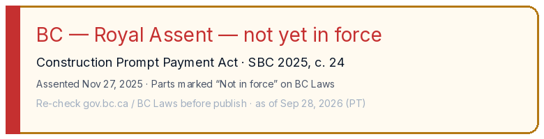 BC Construction Prompt Payment Act — Royal Assent; not yet in force