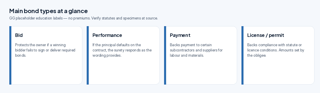 Bond types at a glance: bid, performance, payment, and license or permit